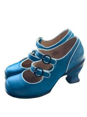 John Fluevog Liz Teal Double Buckle Mary Jane Statement Heel Size 10